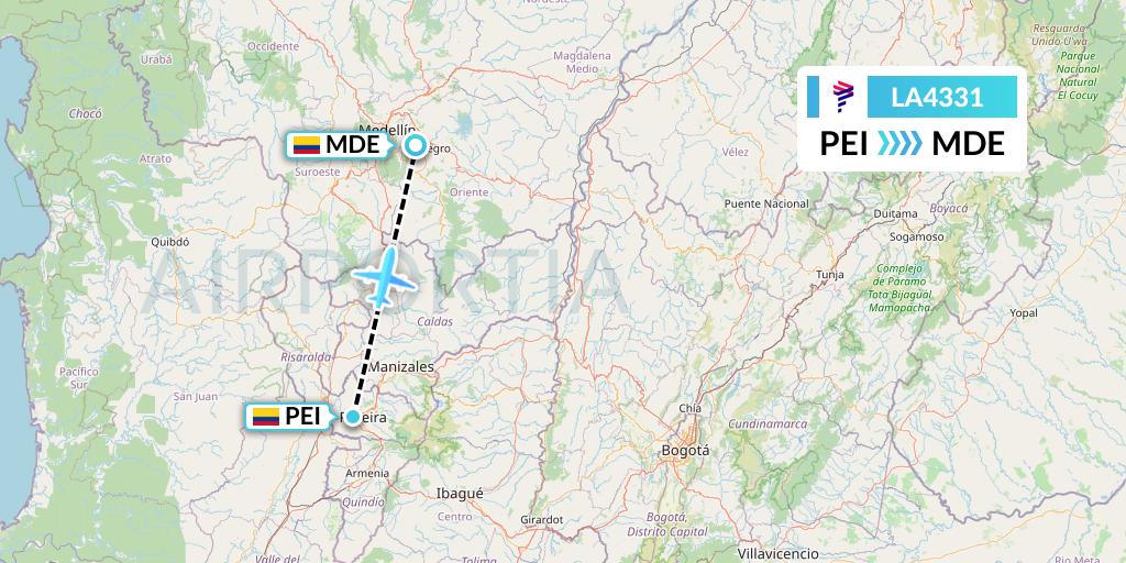 LA4331 LAN Airlines Flight Map: Pereira to Medellin