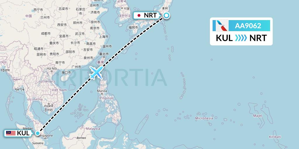AA9062 American Airlines Flight Map: Kuala Lumpur to Tokyo