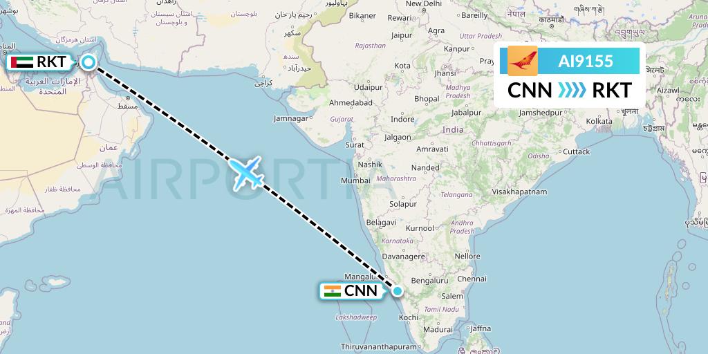 AI9155 Air India Flight Map: Mattannur to Ra'sal-Khaymah