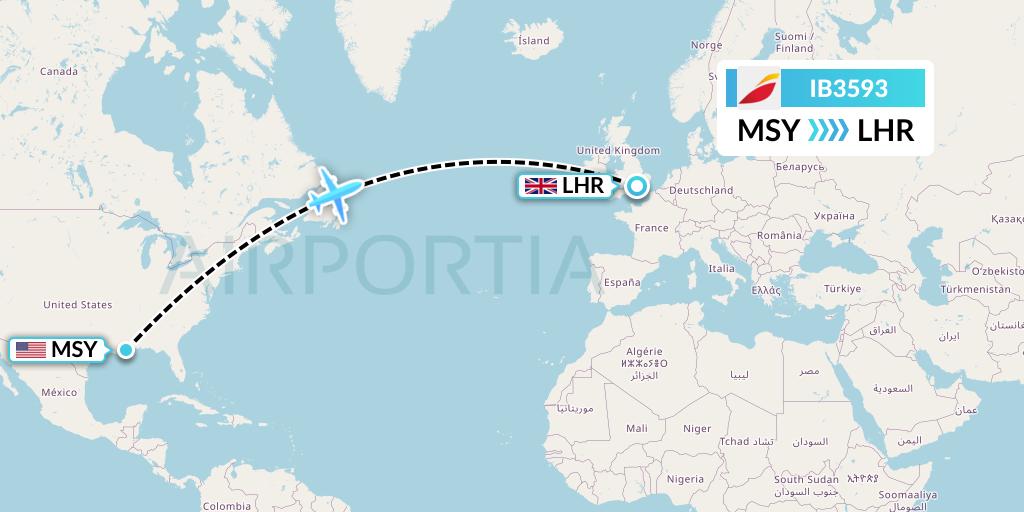 IB3593 Iberia Flight Map: New Orleans to London