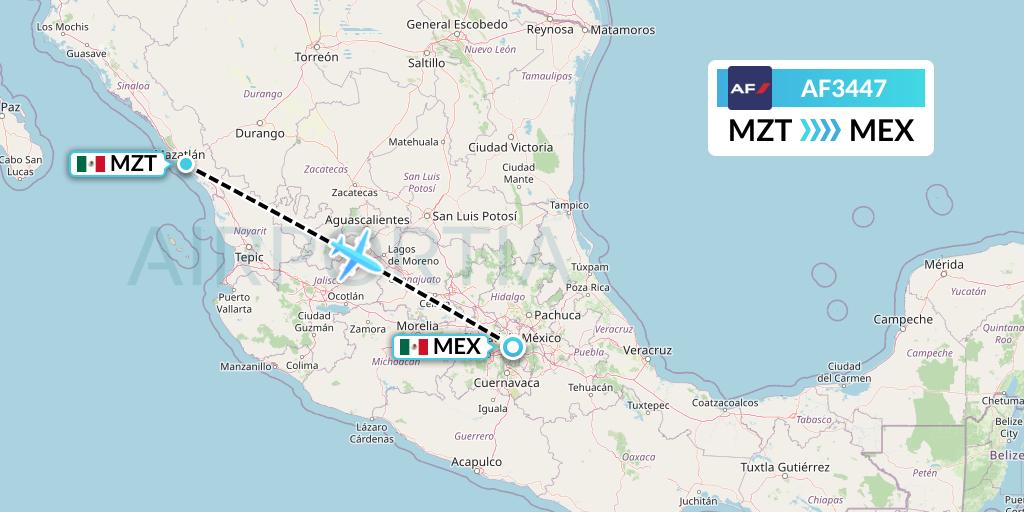 AF3447 Air France Flight Map: Mazatlan to Mexico City