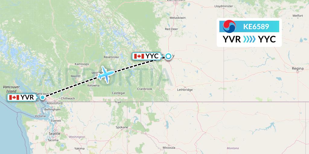 KE6589 Korean Air Flight Map: Vancouver to Calgary