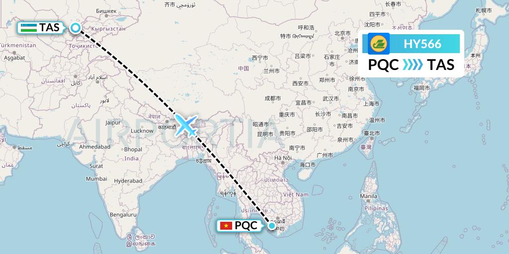 HY566 Uzbekistan Airways Flight Map: Phu Quoc to Tashkent