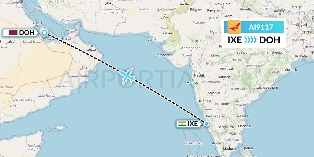 AI9117 Air India Flight Map: Mangalore to Doha