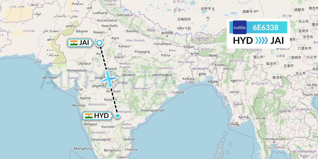 6E6338 IndiGo Airlines Flight Map: Hyderabad to Jaipur