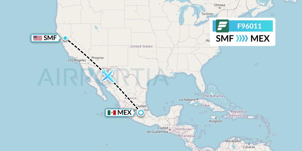 F96011 Frontier Airlines Flight Map: Sacramento to Mexico City