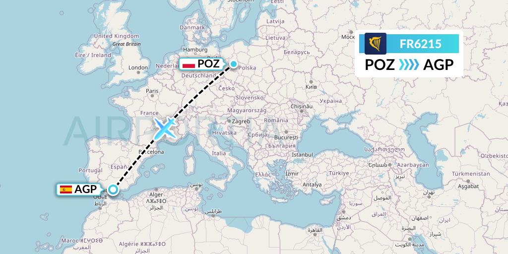FR6215 Ryanair Flight Map: Poznan to Malaga