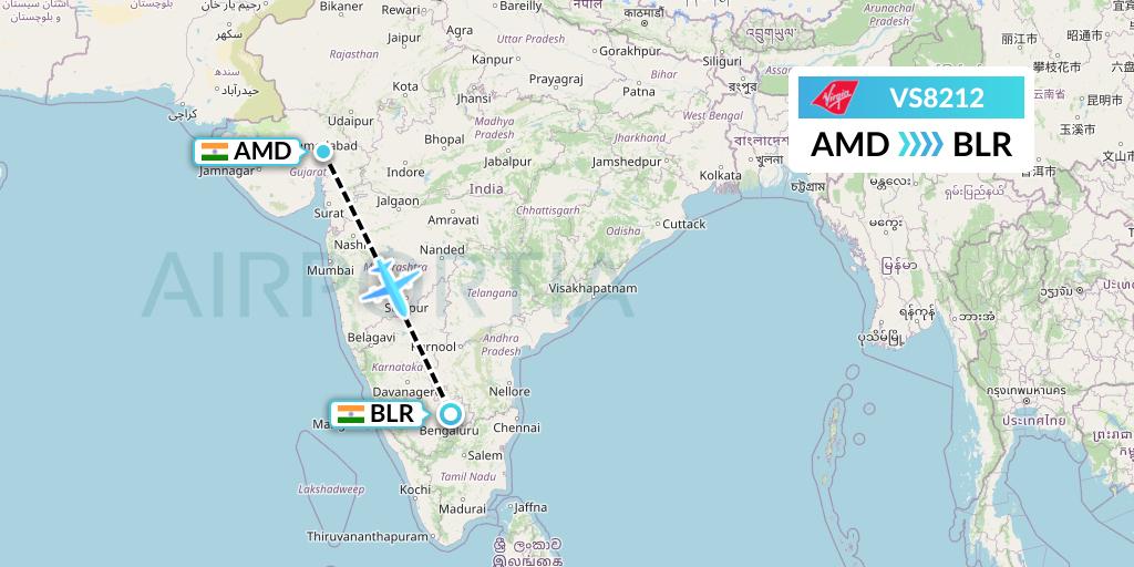 VS8212 Virgin Atlantic Airways Flight Map: Ahmedabad to Bangalore