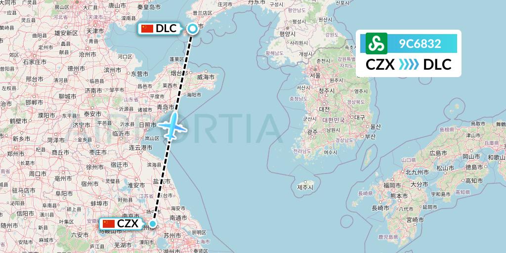 9C6832 Spring Airlines Flight Map: Changzhou to Dalian