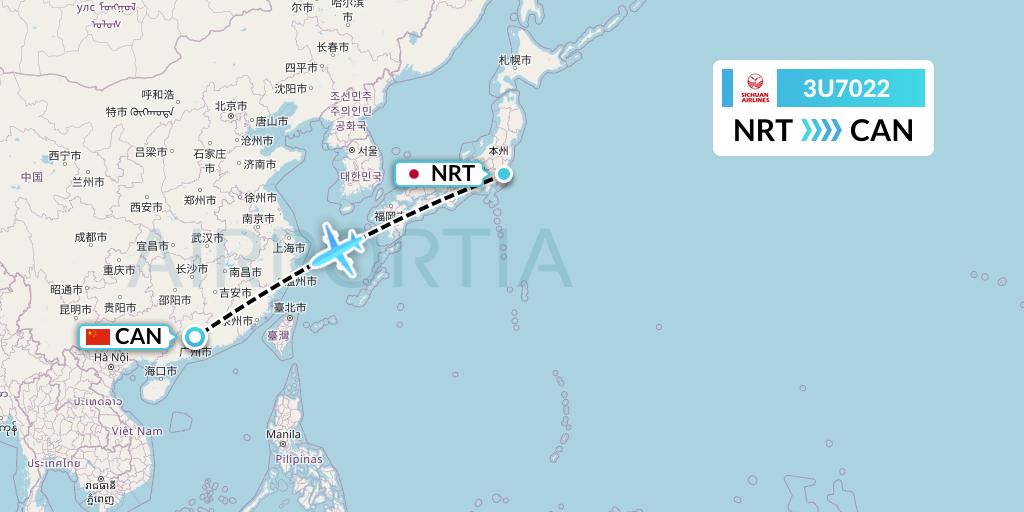 3U7022 Sichuan Airlines Flight Map: Tokyo to Guangzhou