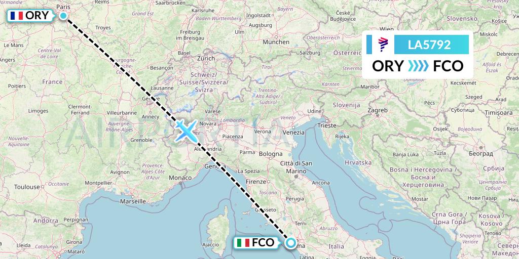 LA5792 LAN Airlines Flight Map: Paris to Rome