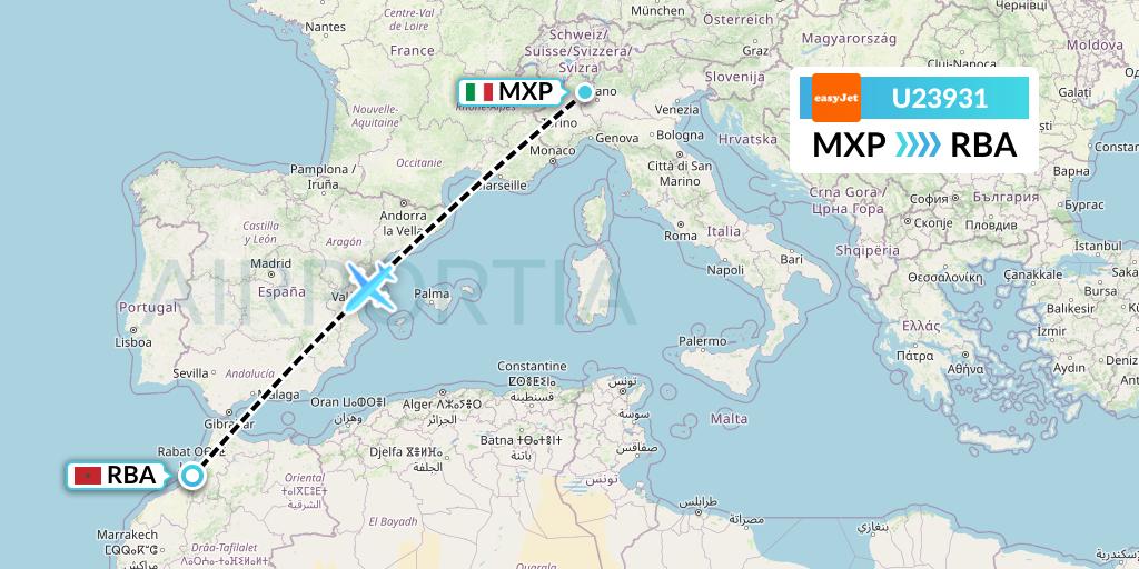 U23931 EasyJet Flight Map: Milan to Rabat