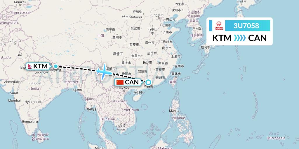 3U7058 Sichuan Airlines Flight Map: Kathmandu to Guangzhou