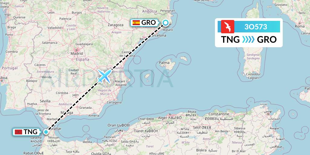 3O573 Air Arabia Maroc Flight Map: Tangier to Girona