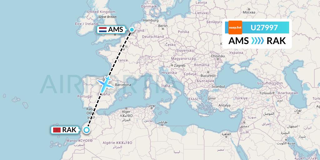 U27997 EasyJet Flight Map: Amsterdam to Marrakesh
