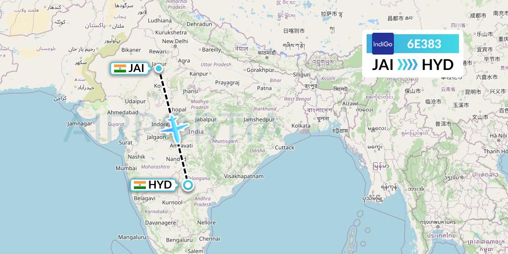 6E383 IndiGo Airlines Flight Map: Jaipur to Hyderabad