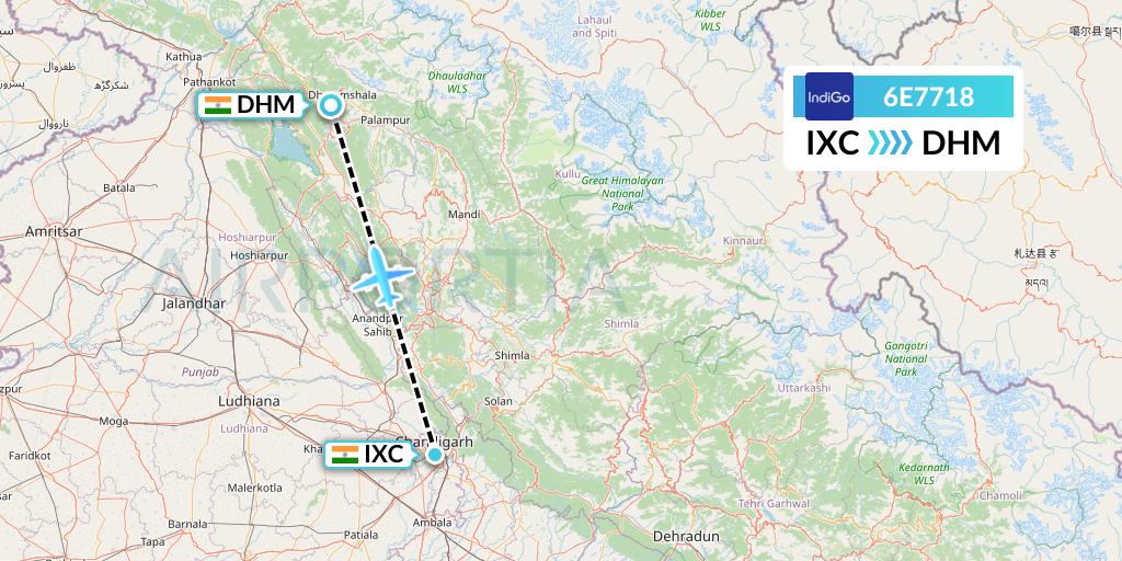 6E7718 IndiGo Airlines Flight Map: Chandigarh to Dharamsala