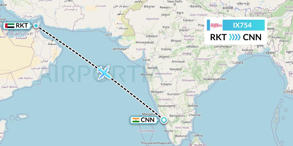 IX754 Air India Express Flight Map: Ra'sal-Khaymah to Mattannur