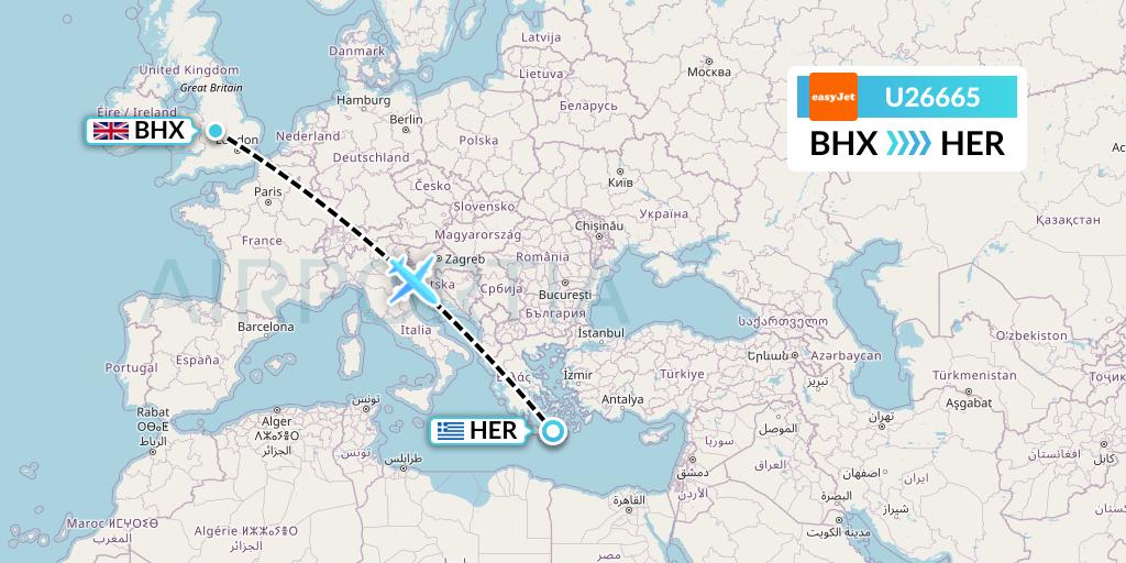 U26665 EasyJet Flight Map: Birmingham to Heraklion
