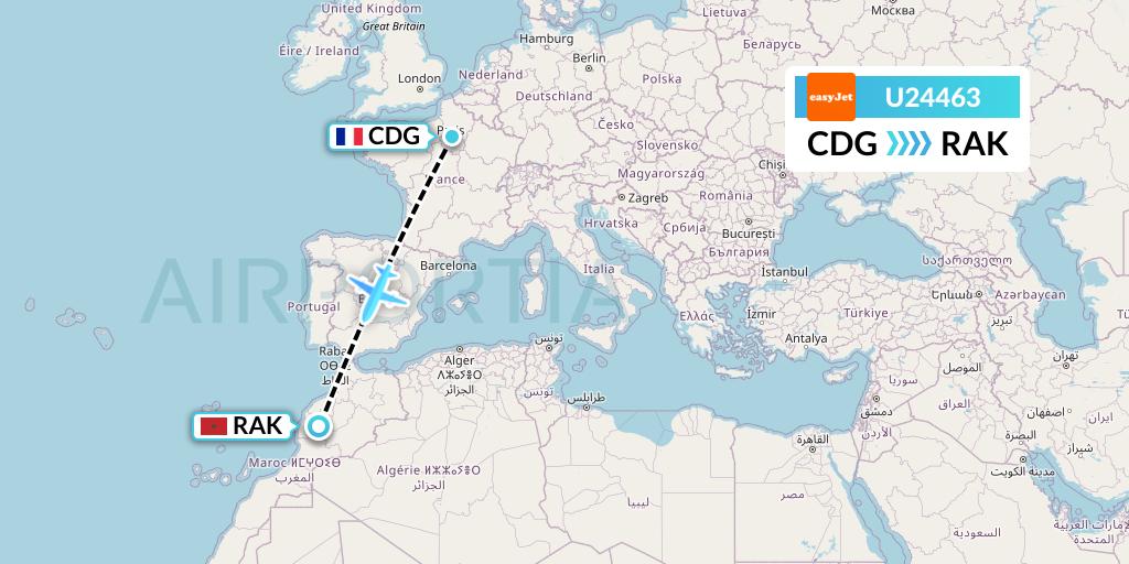 U24463 EasyJet Flight Map: Paris to Marrakesh 