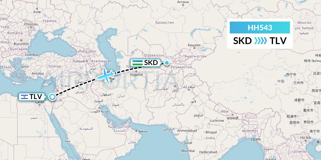 HH543 Qanot Sharq Flight Map: Samarkand to Tel Aviv