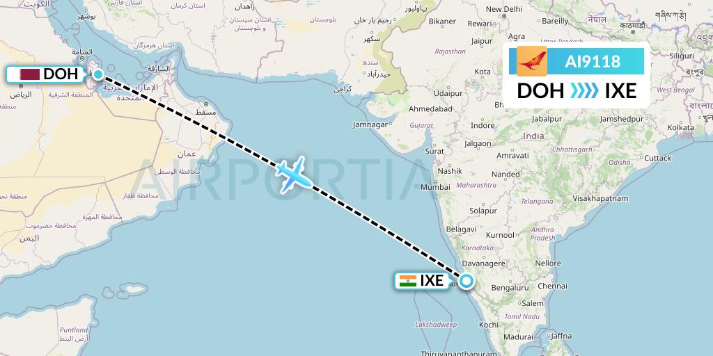 AI9118 Air India Flight Map: Doha to Mangalore