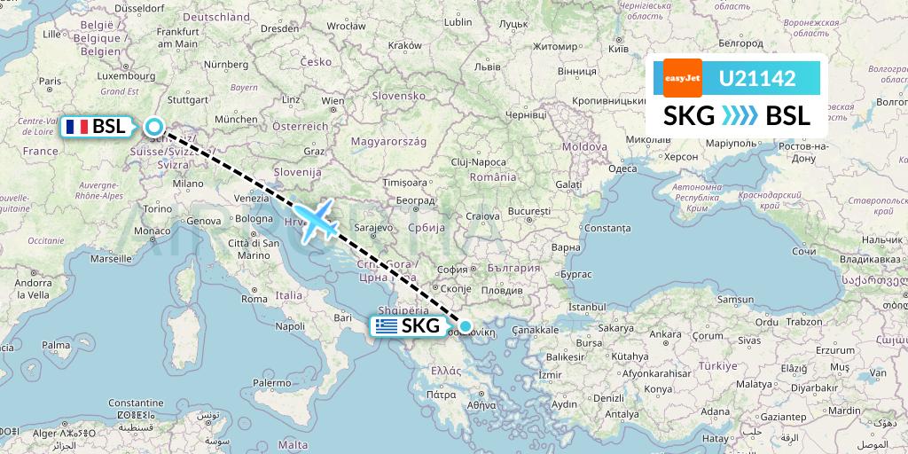 U21142 EasyJet Flight Map: Thessaloniki to Basel