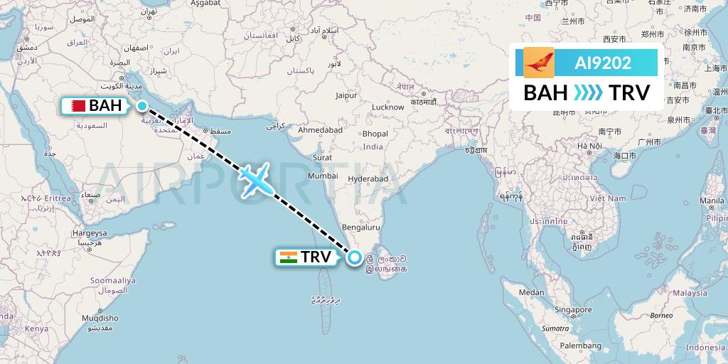 AI9202 Air India Flight Map: Bahrain to Thiruvananthapuram