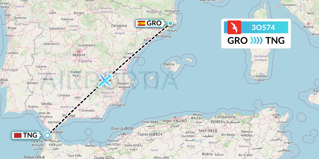 3O574 Air Arabia Maroc Flight Map: Girona to Tangier