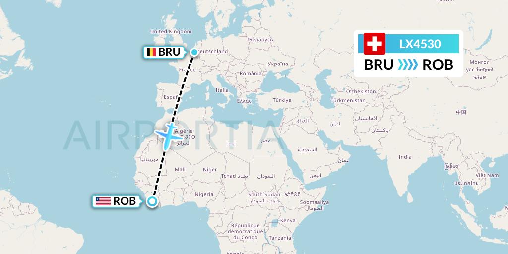 LX4530 Swiss Flight Map: Brussels to Monrovia
