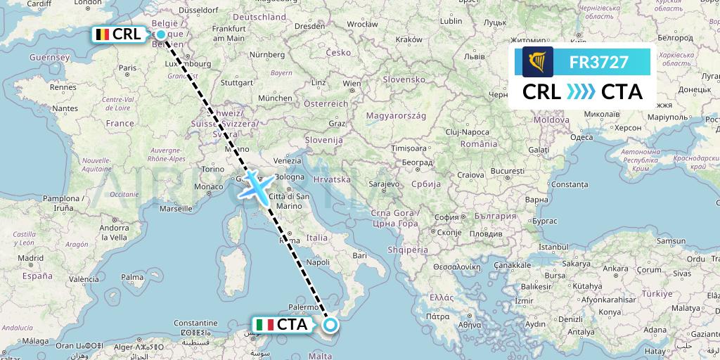 FR3727 Ryanair Flight Map: Brussels to Catania