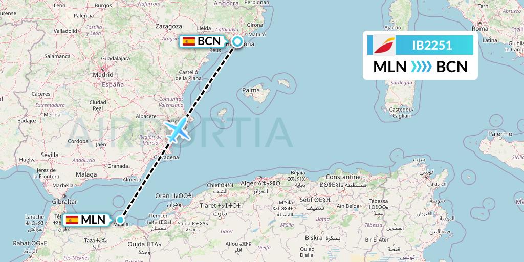IB2251 Iberia Flight Map: Melilla to Barcelona