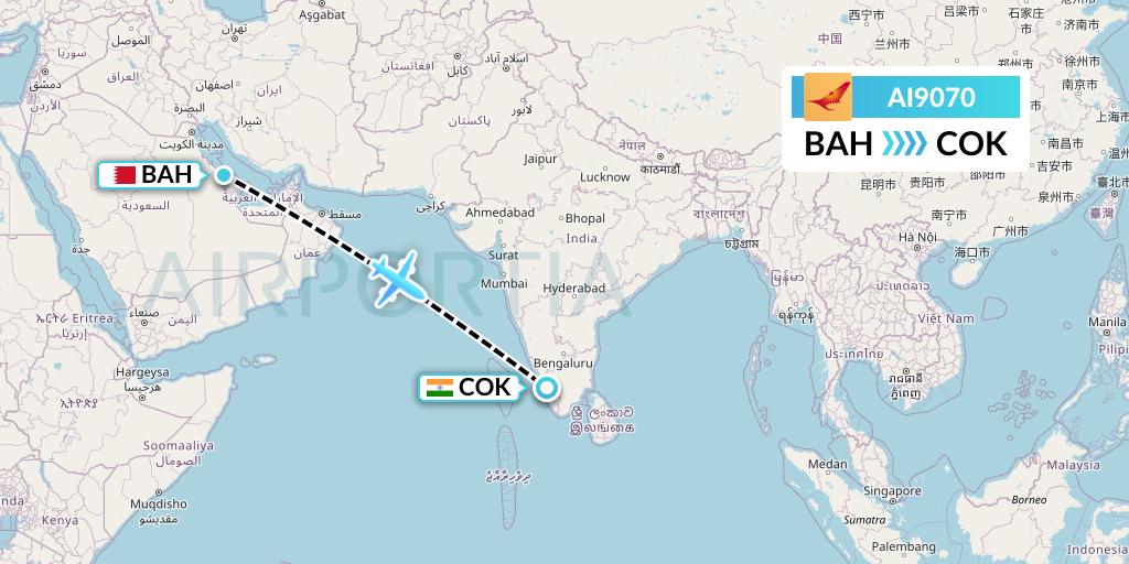 AI9070 Air India Flight Map: Bahrain to Cochin