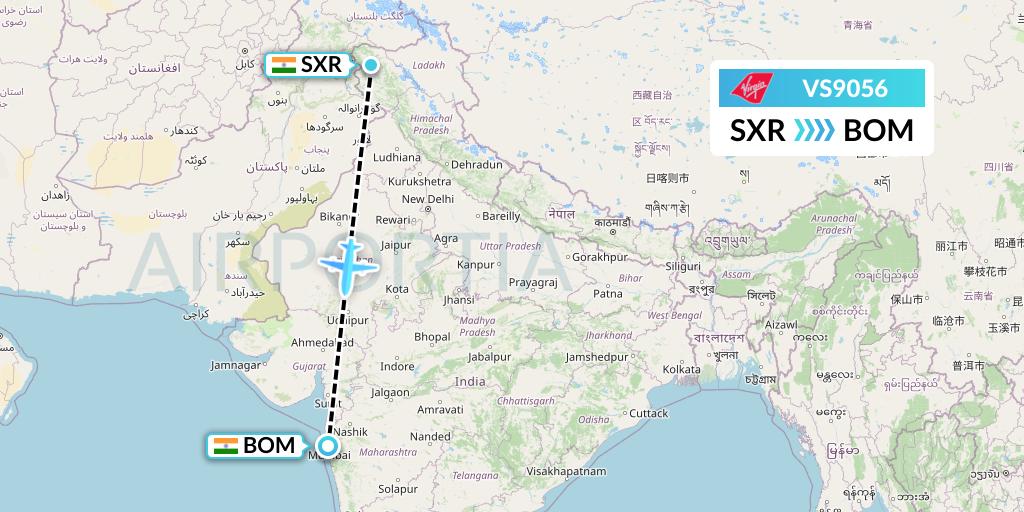 VS9056 Virgin Atlantic Airways Flight Map: Srinagar to Mumbai