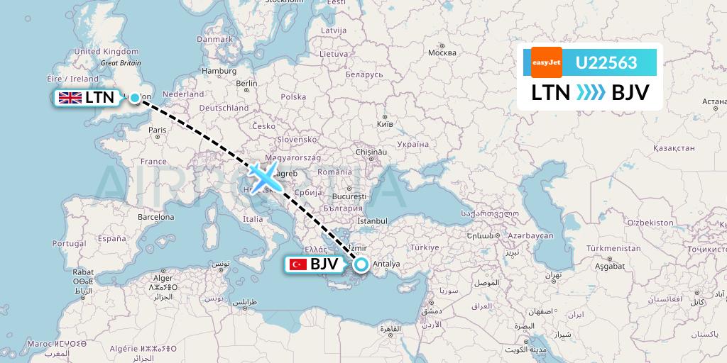 U22563 EasyJet Flight Map: London to Bodrum