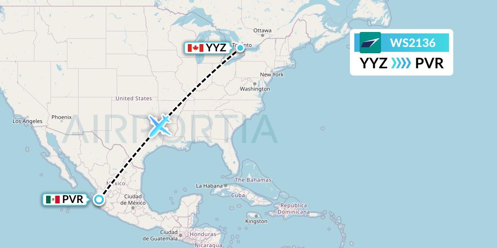 WS2136 WestJet Flight Map: Toronto to Puerto Vallarta