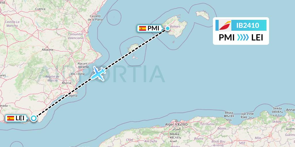 IB2410 Iberia Flight Map: Palma de Mallorca to Almeria