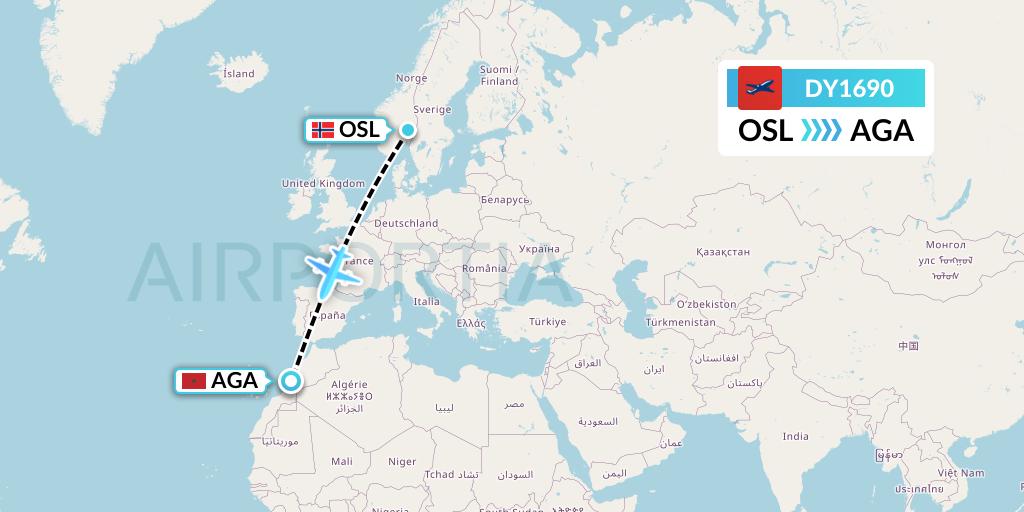 DY1690 Norwegian Flight Map: Oslo to Agadir