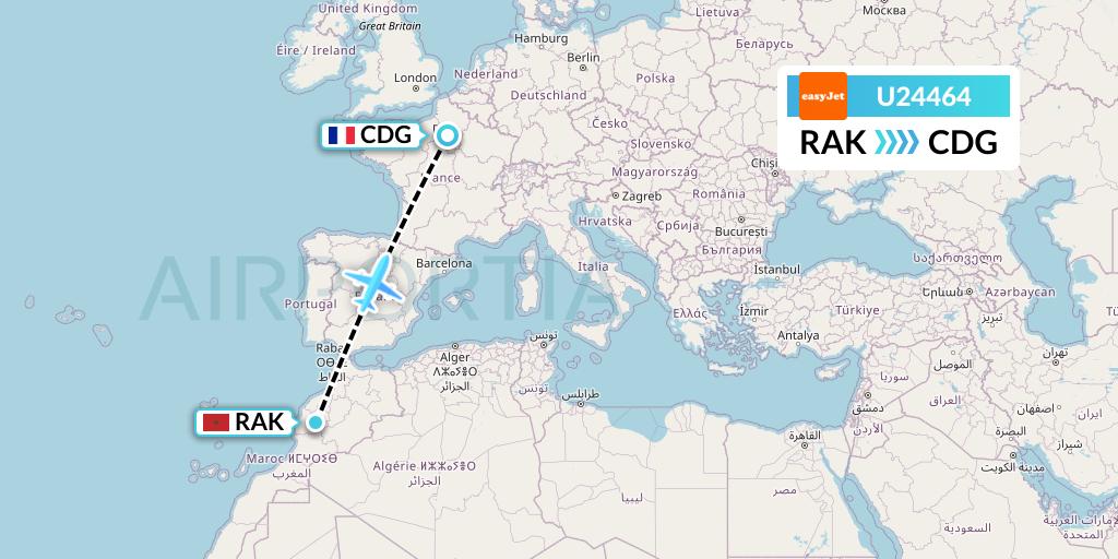 U24464 EasyJet Flight Map: Marrakesh to Paris
