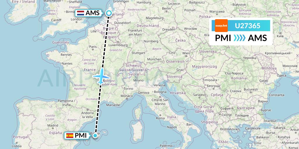 U27365 EasyJet Flight Map: Palma de Mallorca to Amsterdam