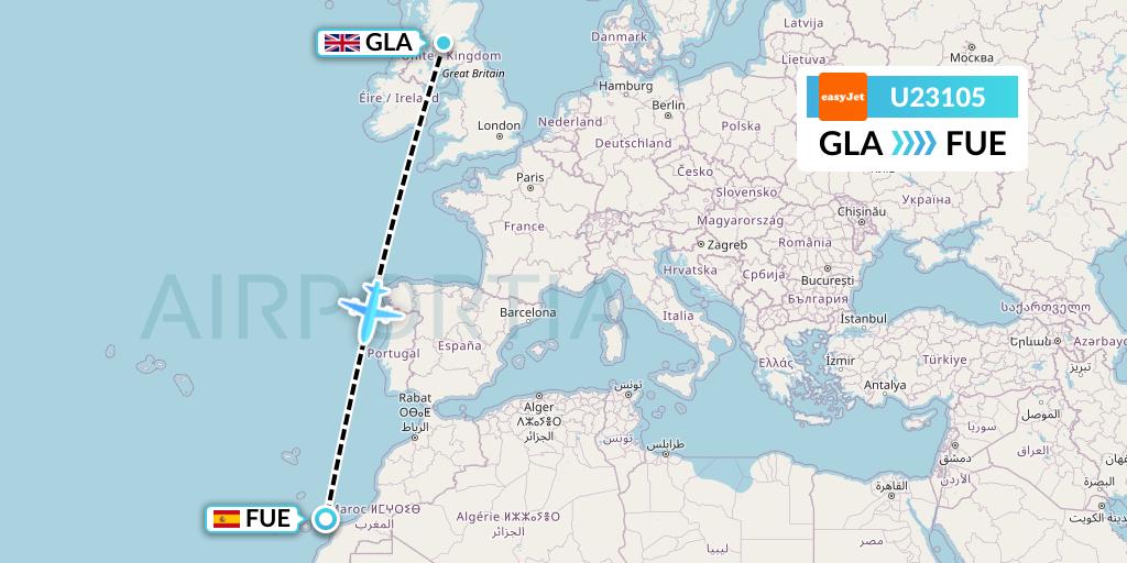 U23105 EasyJet Flight Map: Glasgow to Fuerteventura