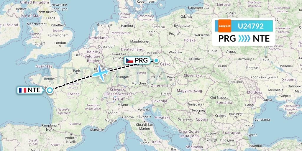 U24792 EasyJet Flight Map: Prague to Nantes