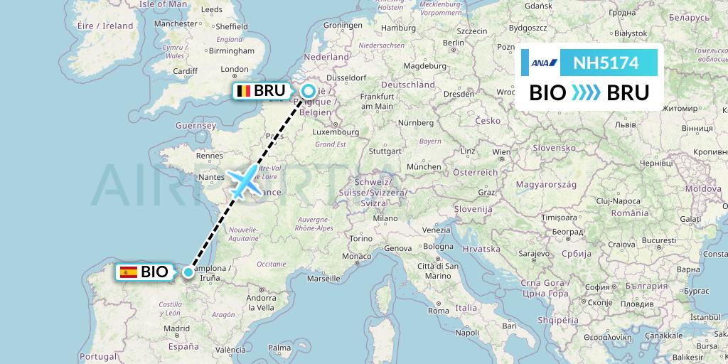 NH5174 All Nippon Airways Flight Map: Bilbao to Brussels