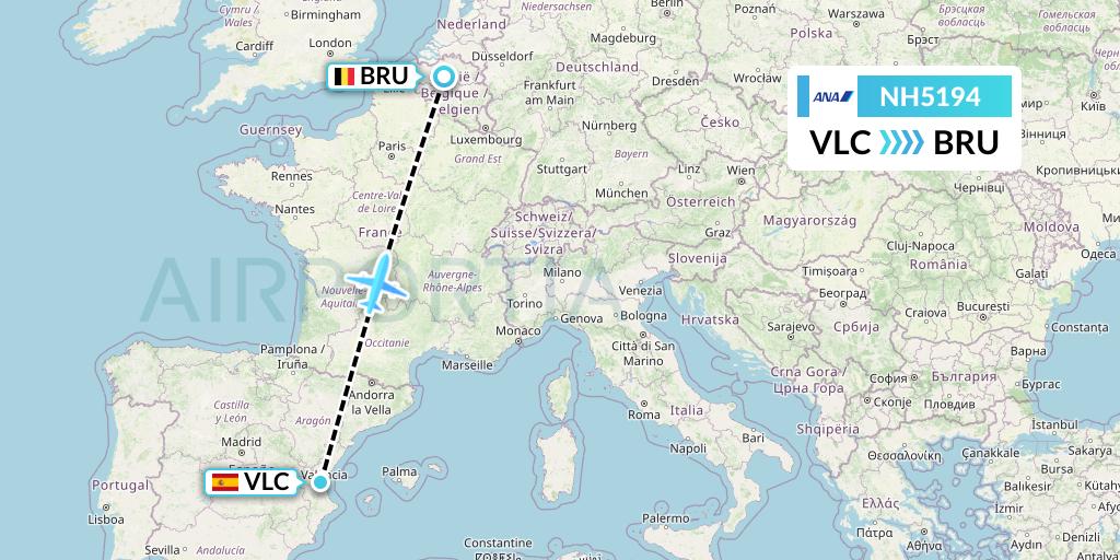NH5194 All Nippon Airways Flight Map: Valencia to Brussels