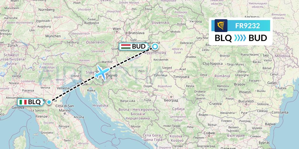 FR9232 Ryanair Flight Map: Bologna to Budapest
