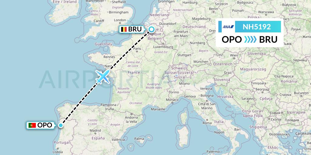 NH5192 All Nippon Airways Flight Map: Porto to Brussels