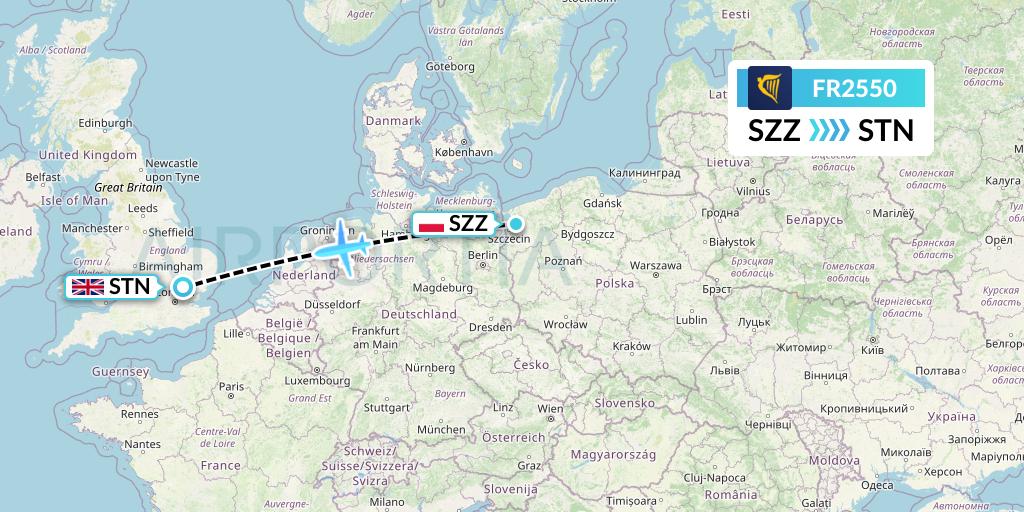 FR2550 Ryanair Flight Map: Szczecin to London