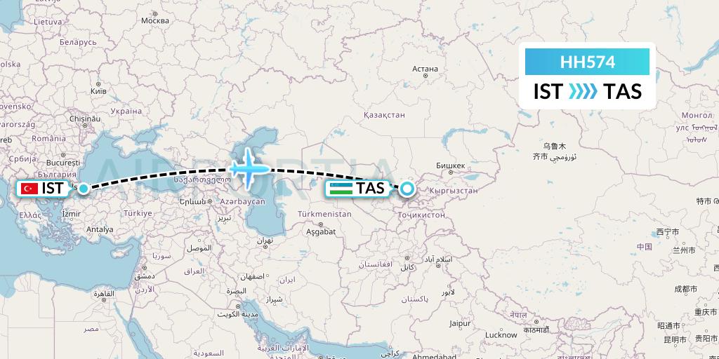 HH574 Qanot Sharq Flight Map: Istanbul to Tashkent
