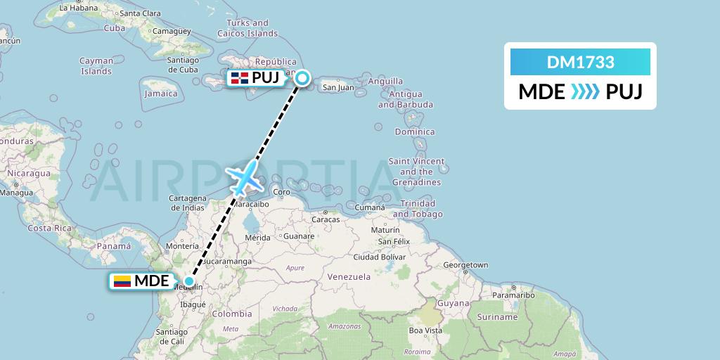 DM1733 Arajet Flight Map: Medellin to Punta Cana
