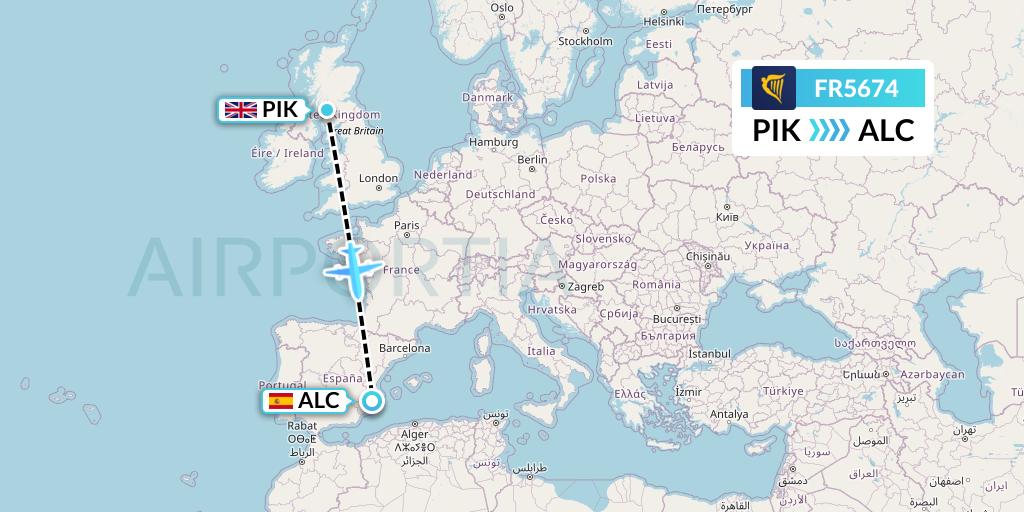 FR5674 Ryanair Flight Map: Prestwick to Alicante